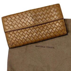 Bottega Veneta Intrecciato Weave Long Wallet Brown Leather Snap Close w/Dust Bag
